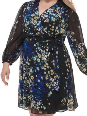 DKNY Black Floral Wrap Dress with Blue & Yellow Accents